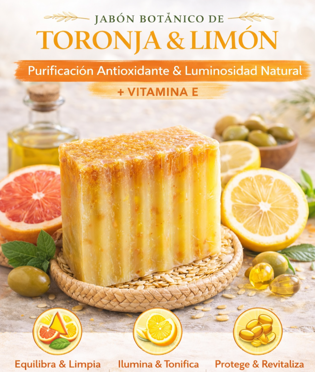 Jabon Botánico Toronja, limón y Aceite de Oliva con Vitamina E 140 g [Efecto iluminador y antioxidante]