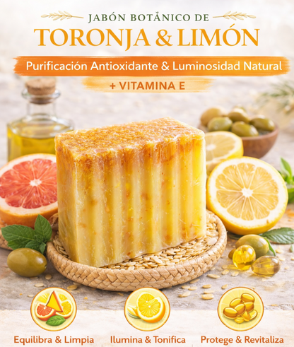Jabon Botánico Toronja, limón y Aceite de Oliva con Vitamina E 140 g [Efecto iluminador y antioxidante]
