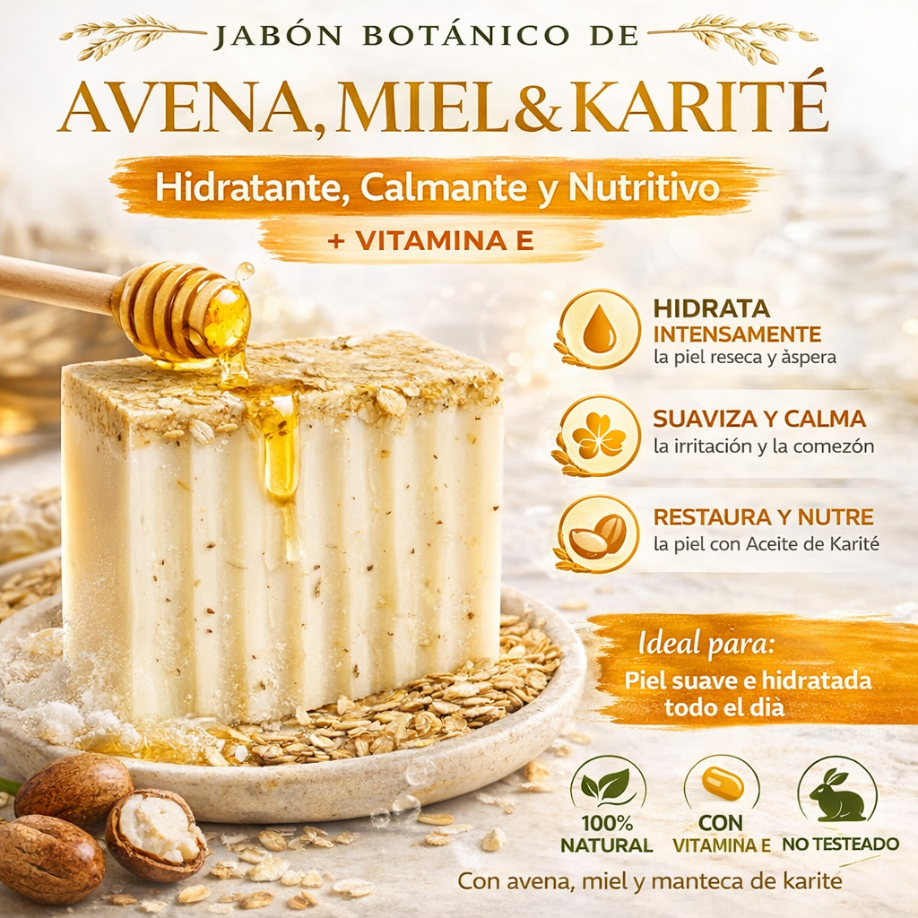 Jabon Botánico de Avena, Miel y Karité con Vitamina E 140 g [Hidratante, calmante y nutritivo]