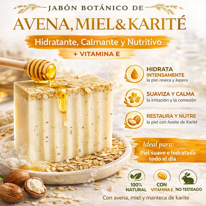 Jabon Botánico de Avena, Miel y Karité con Vitamina E 140 g [Hidratante, calmante y nutritivo]