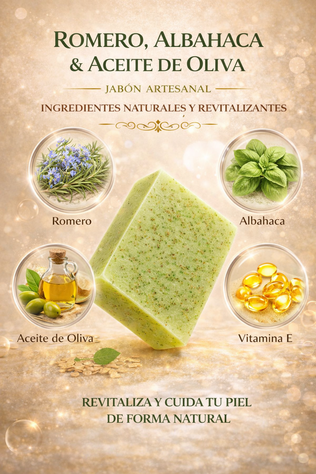 3 Jabones Botánicos de Romero, Albahaca y Aceite de Oliva con Vitamina E 140 g [Antibiótico/Antimicrobiano]