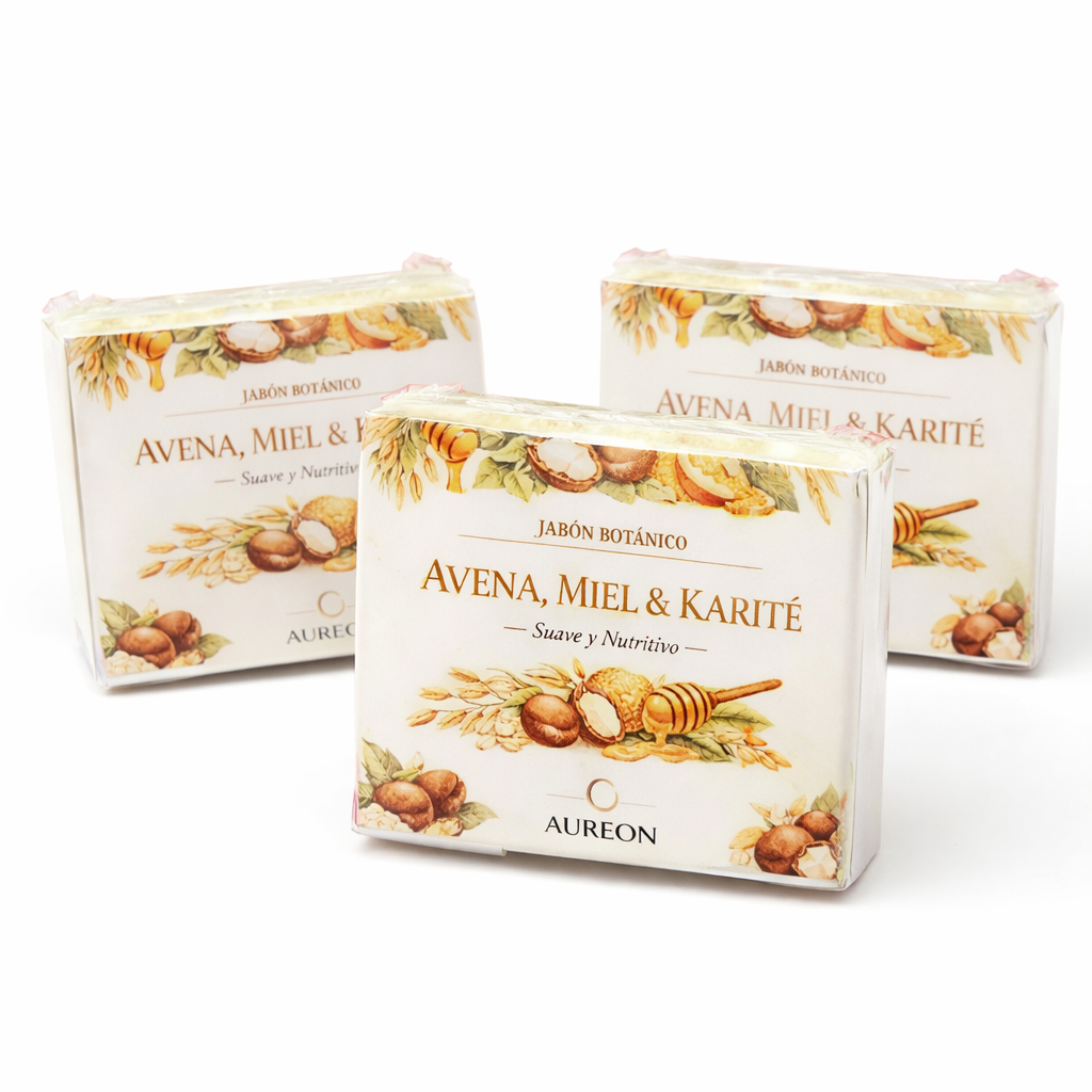 3 Jabones Botánico de Avena, Miel y Karité con Vitamina E 420 g [Hidratante, calmante, nutritivo]