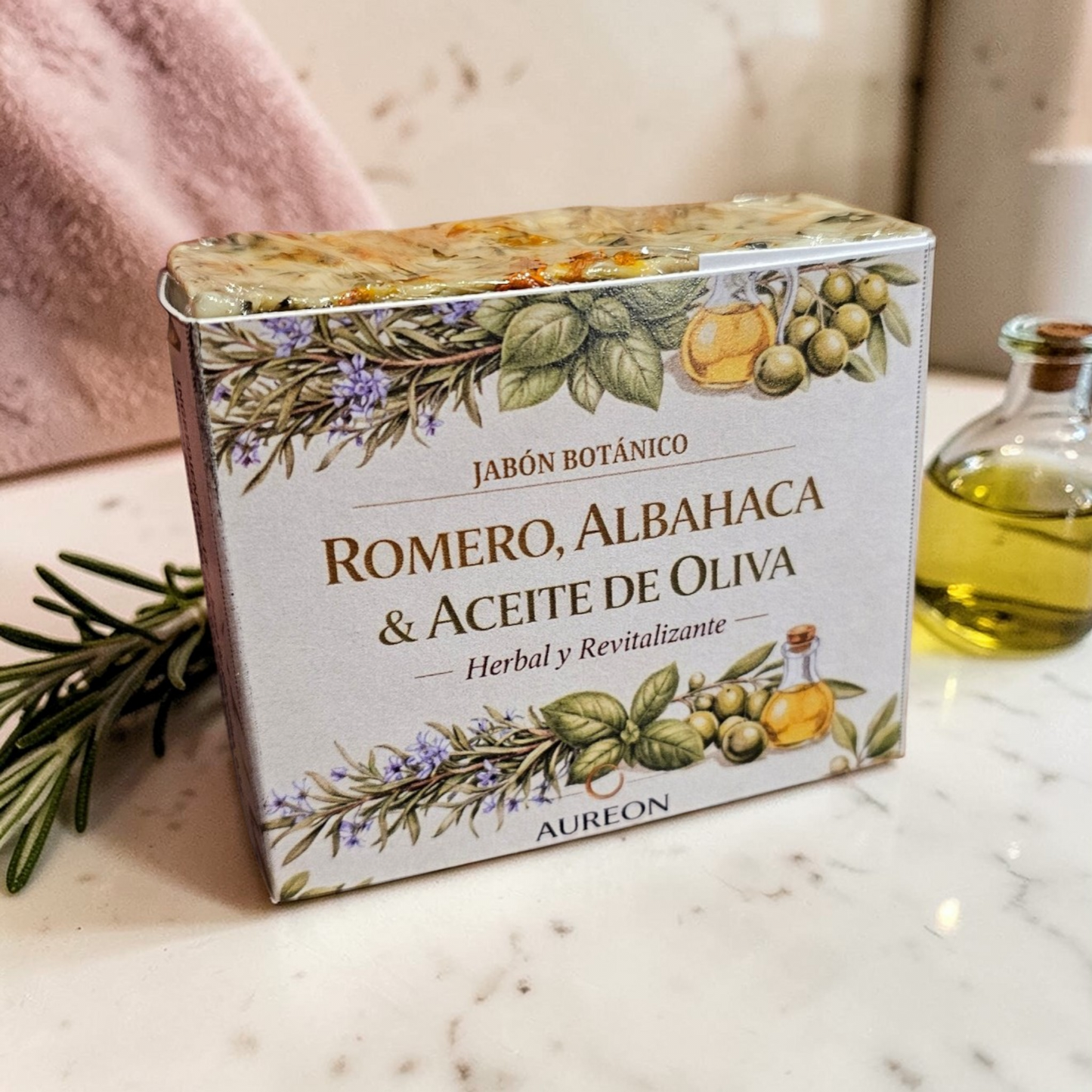 Jabon Botánico Romero, Albahaca y Aceite de Oliva con Vitamina E 140 g [Antibiótico/Antimicrobiano]