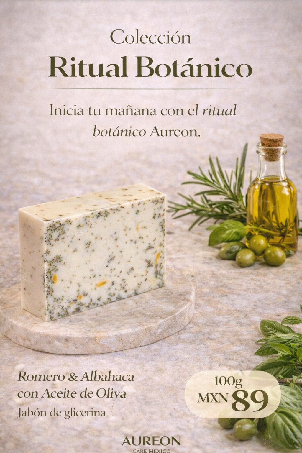 Jabon Botánico Romero, Albahaca y Aceite de Oliva con Vitamina E 100 g [Antibiótico/Antimicrobiano]