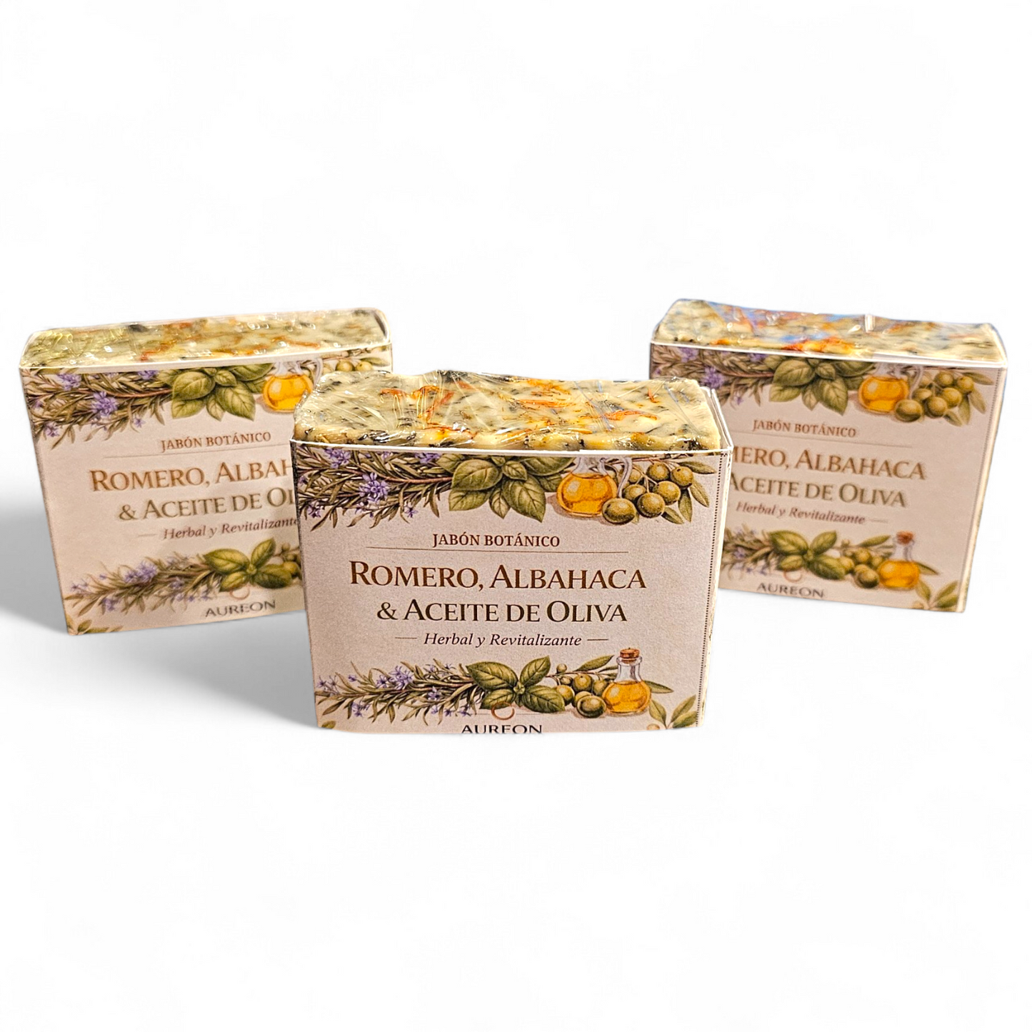 3 Jabones Botánicos de Romero, Albahaca y Aceite de Oliva con Vitamina E 140 g [Antibiótico/Antimicrobiano]